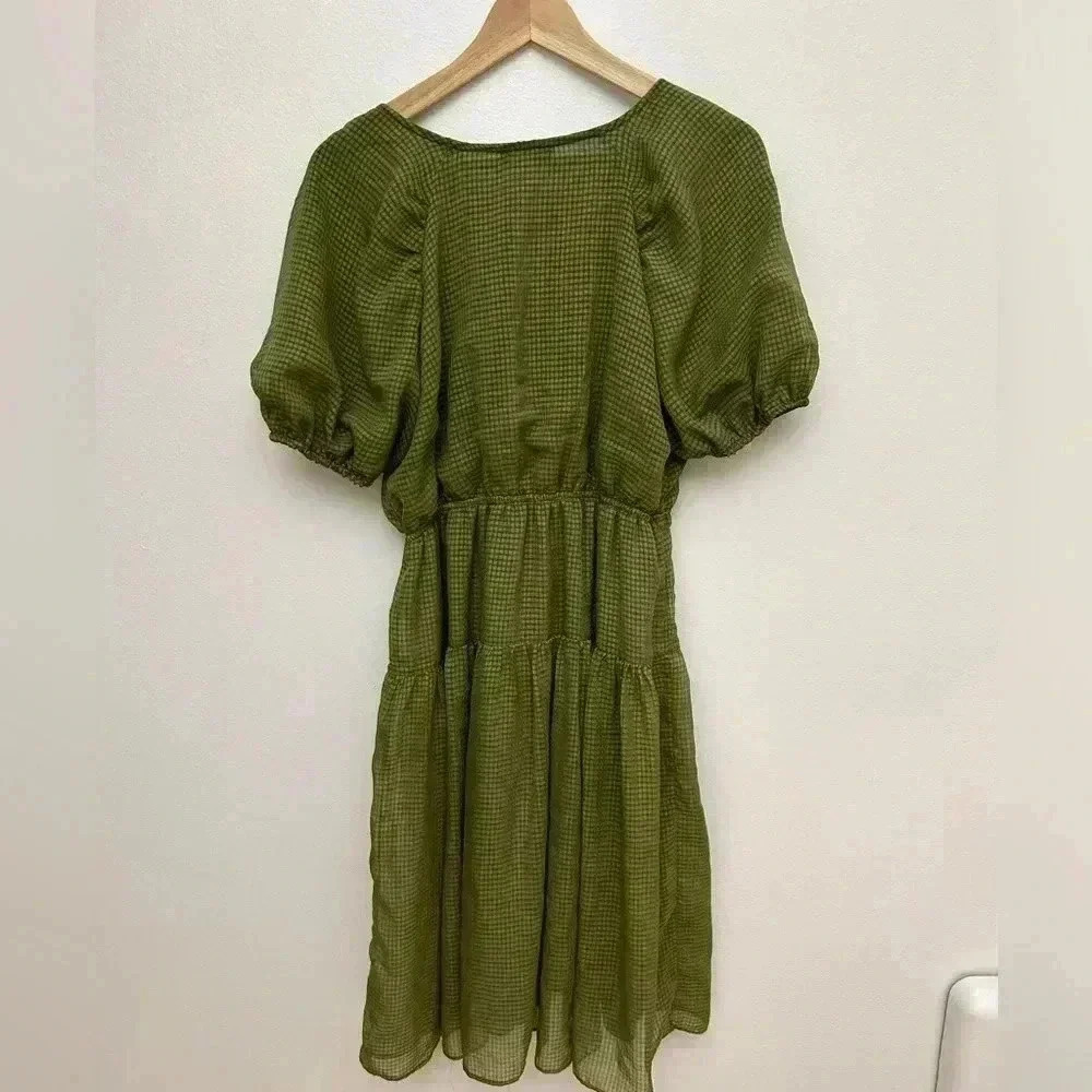 Moon River Tiered Puff Sleeve Gingham Green Sun Dress M Crew Ivy City Wedding View 6